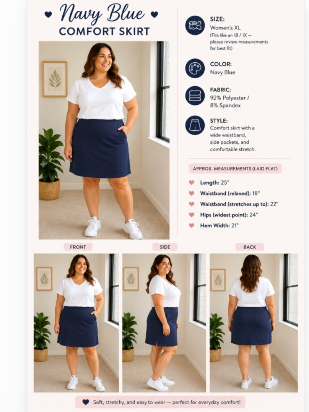 ✨ Lolë Navy Blue Stretch Casual Drawstring Midi Skirt | Size XL